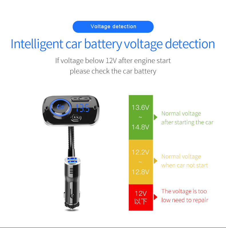 Bluetooth Car Player FM Transmisor FM Cargo Rápido Dual USB Ambiente de Respiración Luz - Negro