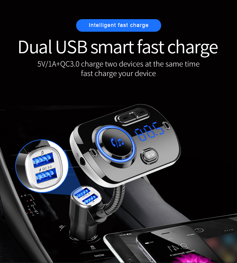 Bluetooth Car Mp3 Player FM Transmissor Fast Charge Dual USB Luz de Respiração USB - Preto