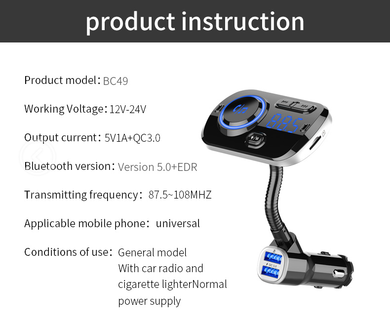 Bluetooth Car Player FM Transmisor FM Cargo Rápido Dual USB Ambiente de Respiración Luz - Negro