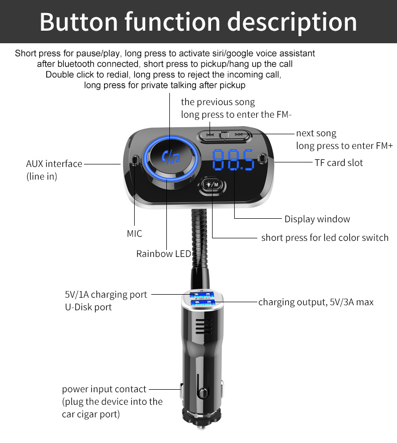 Bluetooth Car Player FM Transmisor FM Cargo Rápido Dual USB Ambiente de Respiración Luz - Negro