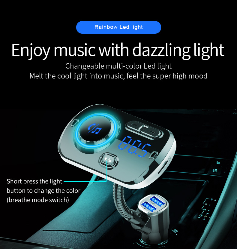 Bluetooth Car Mp3 Player FM Transmissor Fast Charge Dual USB Luz de Respiração USB - Preto