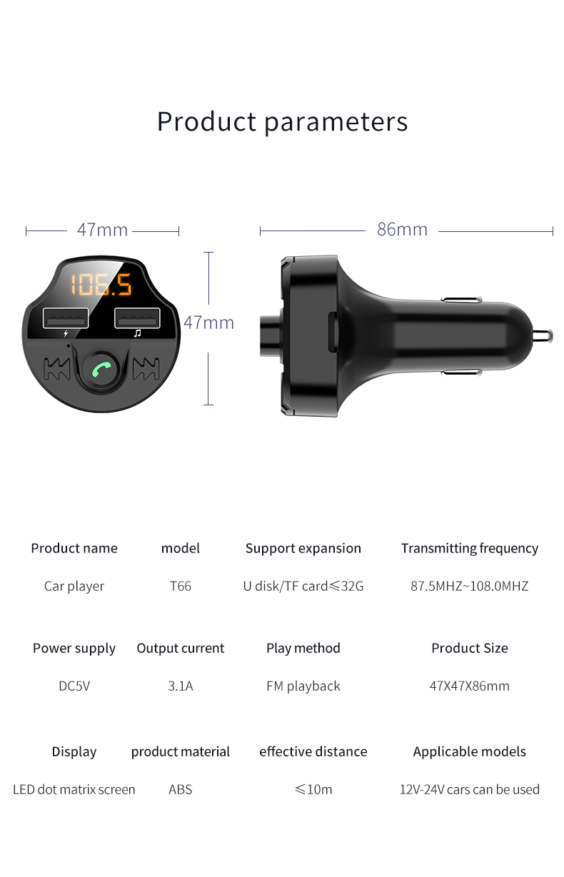 T66 Car 3.1A Quick Charge Dual USB Caricabatterie Bluetooth 5.0 Mp3 FM Trasmettitore Modulatore FM