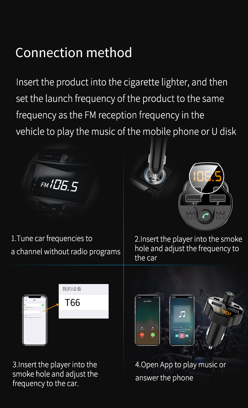 T66 Car 3.1A Quick Charge Dual Usb-зарядное Устройство Для Рук Bluetooth 5.0 Mp3-плеер Fm-модулятор Передатчика