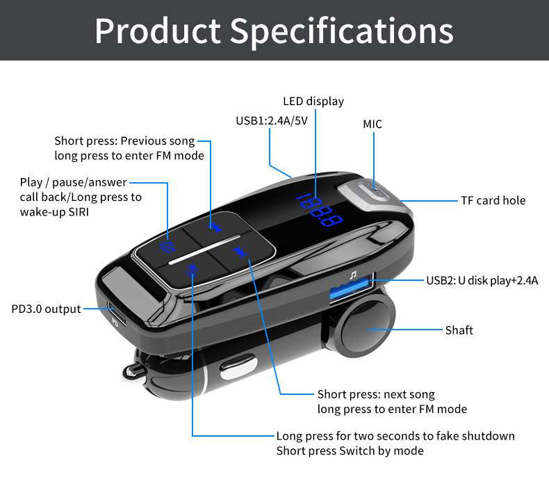 JEDX-BC59 Bluetooth Wireless Car Trasmettitore Mp3 Player PD 3.0 18W Caricatore Telefonico USB