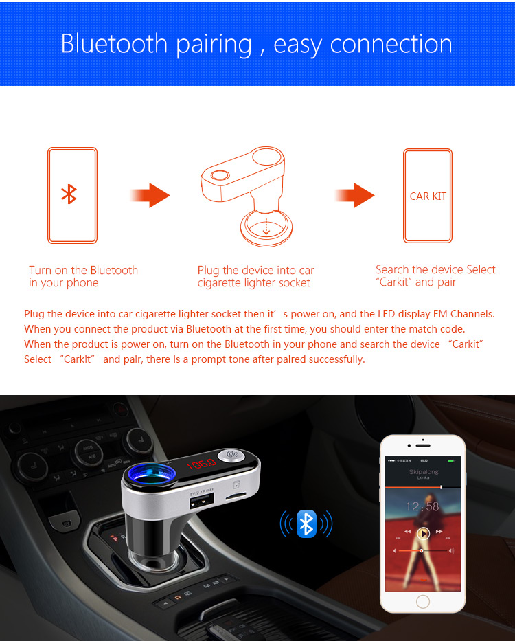 BC09B Wireless Bluetooth Car MP3 FM Transmitter with Dual USB Ports and Cigarette Lighter Socket Support TF Card-2