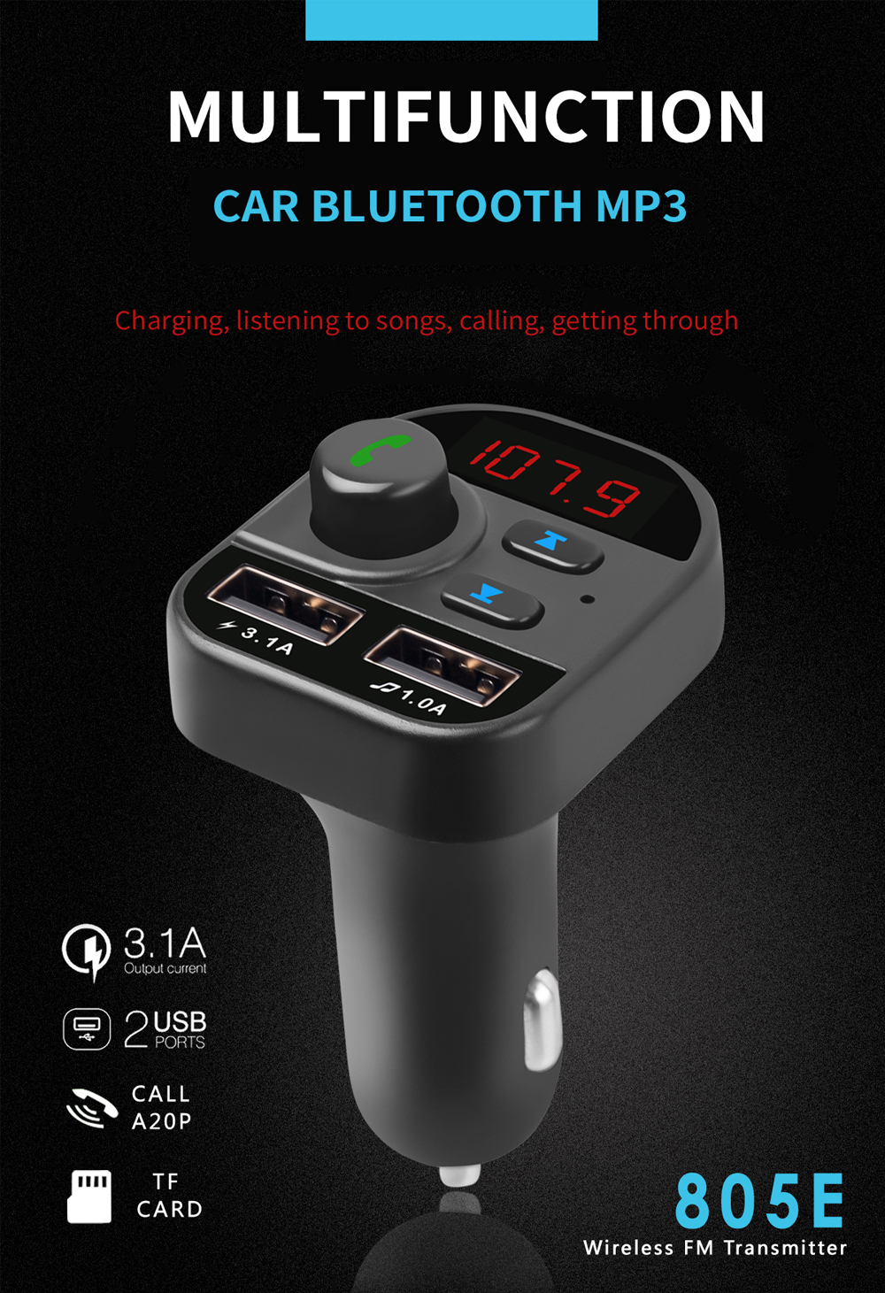 805E Bluetooth Car Kit Wireless FM Sender Hands Kostenlos A2DP -musik Spielen Dual USB -auto -ladegerät