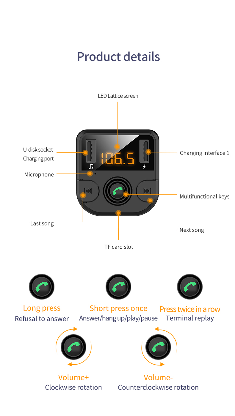 BT36B Carge de Car Dual USB Con FM Transmitor FM Bluetooth Modulador FM Modulador FM Cargador - Negro