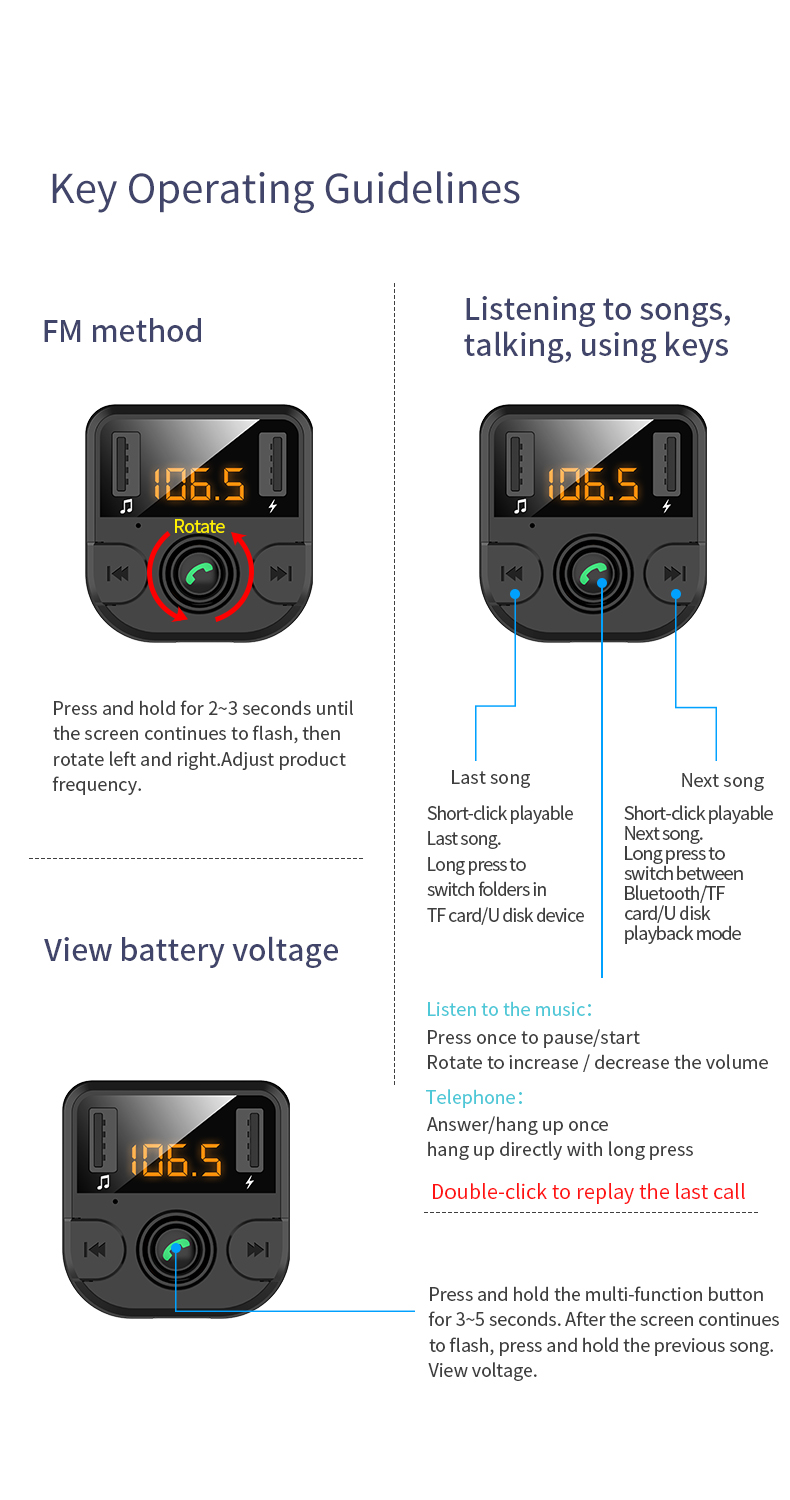 BT36B Carge de Car Dual USB Con FM Transmitor FM Bluetooth Modulador FM Modulador FM Cargador - Negro