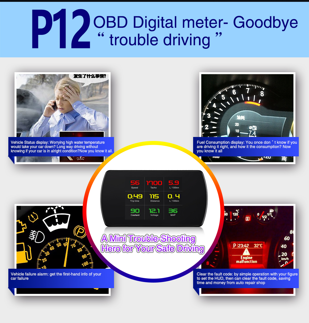 P12 Car Hud Head Up Display OBD2 On-board Diagnose Digital Display