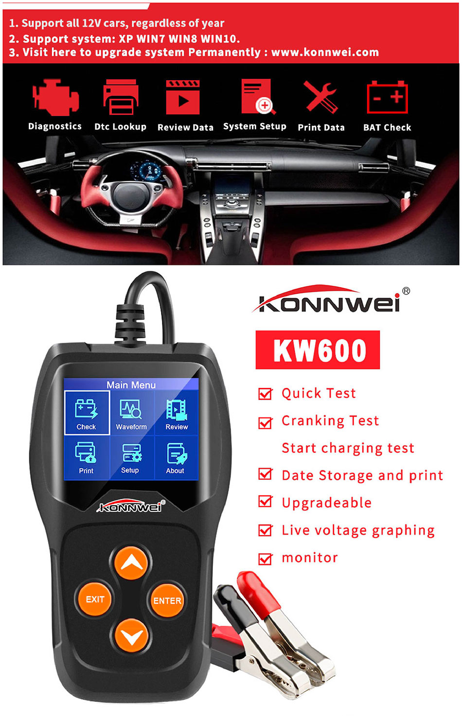 KONNWEI KW600 12V Car Battery Tester 100 to 2000CCA 12 Volt Battery Tools  for Car Quick Cranking Charging Diagnostic