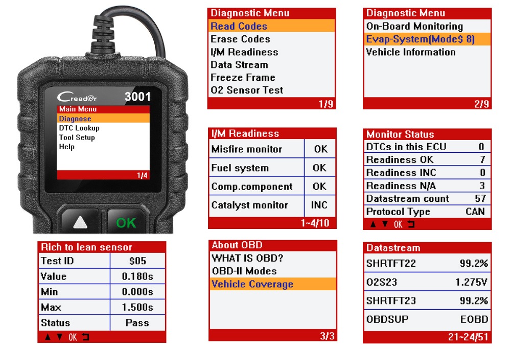 CR3001 EOBD OBD2 OBDII 1.77 Pulgadas Código de Automóvil Código de Automóvil Lector de la Herramienta Diagnóstico Error de Error Del Motor