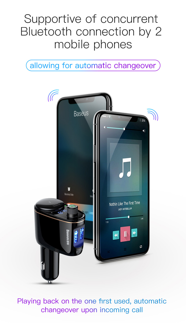 Baseus Wireless Bluetooth Manos Libres Reproductor De Música FM Transmisor Cargador De Coche Kit De Coche Para IPhone Samsung