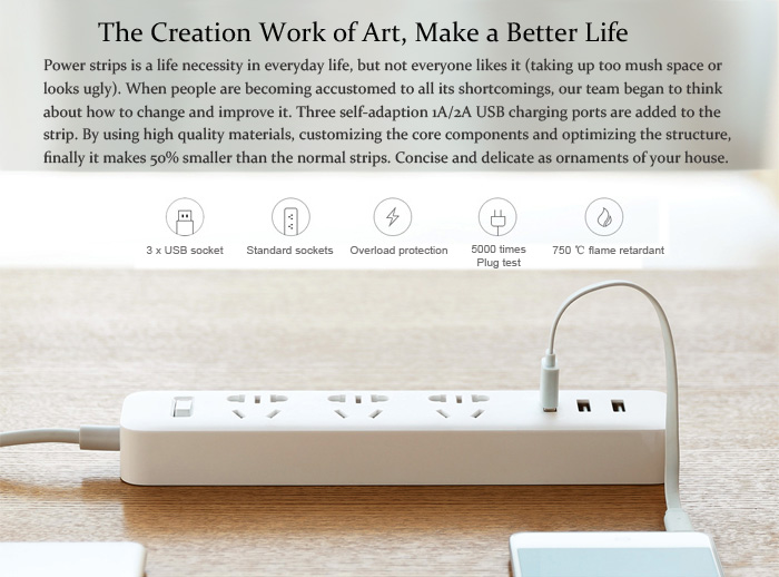 Xiaomi Smart Power Strip 3-USB-Port + 3 International Combination Power Jacks Plug Charger Adapter - CN Standard Plug/White-2