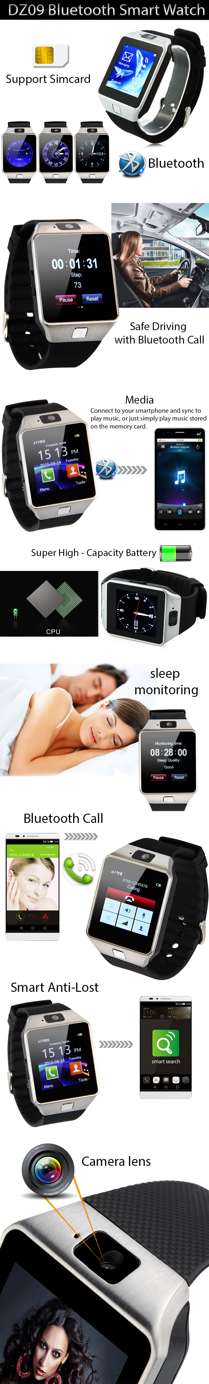 DZ09 1.56" LCD Single SIM Smart Watch Phone Camera Sleep Monitor - Silver Color / White