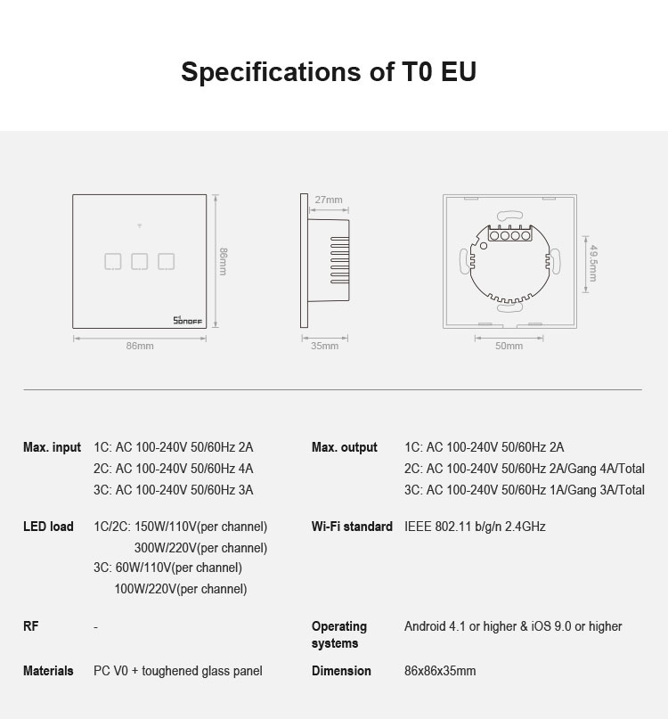 Sonoff T3EU1C-TX 86 WiFi Smart Switch App RF433 Remote Contrôle Pour Alexa Google Home eu Plug - 1 Gang