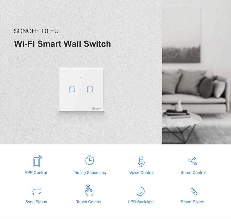 SONOFF T2EU2C-TX 86 WiFi Smart Switch App RF433 Control Remoto Para Alexa Google Home eu Plug - 2 Pandillas