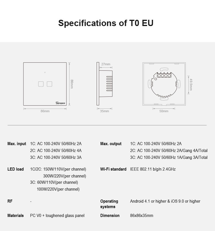 SONOFF T2EU2C-TX 86 WiFi Smart Switch App RF433 Control Remoto Para Alexa Google Home eu Plug - 2 Pandillas