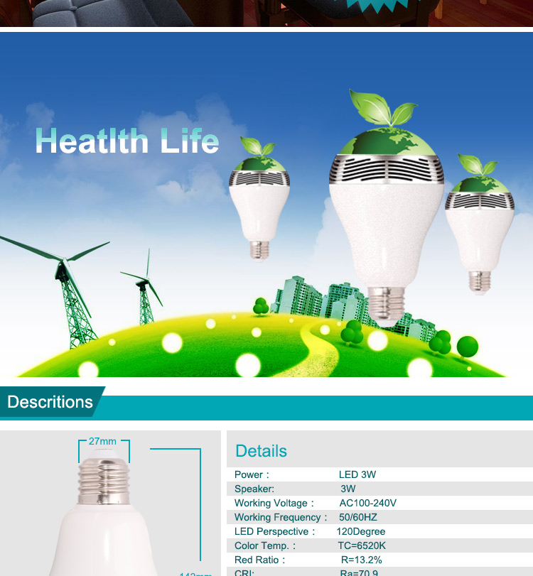 E27 3W Bluetooth Smart LED Light Bulb with Speaker for Home Office-4