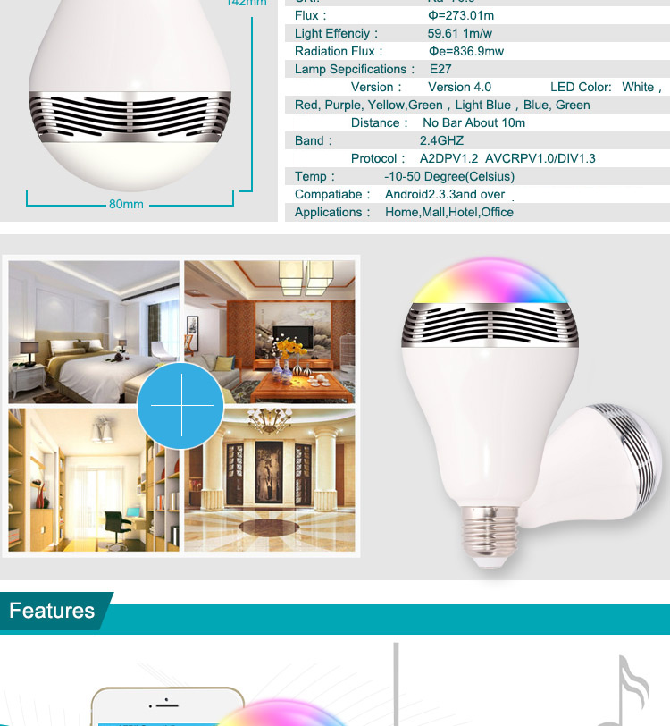 E27 3W Bluetooth Smart LED Light Bulb with Speaker for Home Office-5
