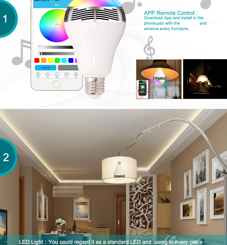 E27 3W Bluetooth Smart LED Light Bulb with Speaker for Home Office-6