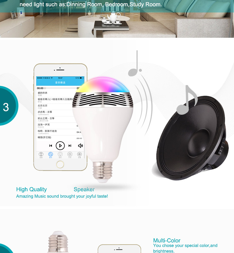 E27 3W Bluetooth Smart LED Light Bulb with Speaker for Home Office-7
