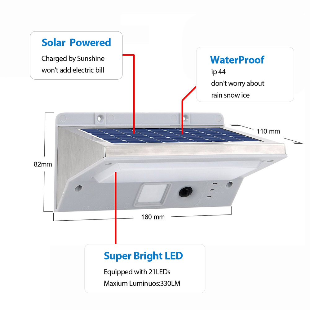 Stainless Steel Solar Light 21-LED Outdoor Motion Sensor Light IP44 Waterproof 6400K-9