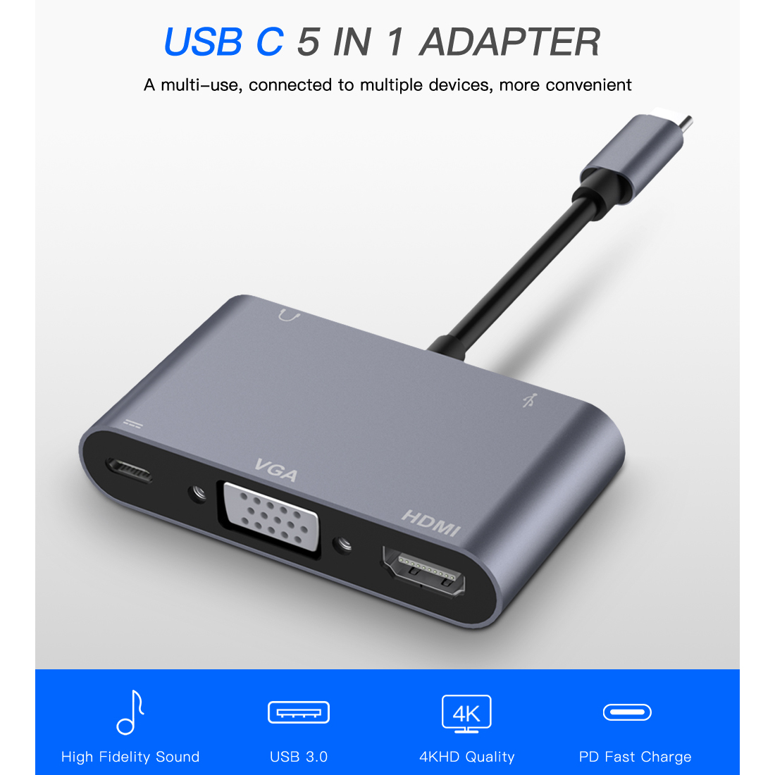 5-en-1 Tipo-c a VGA/PD Multi - Función Concentrador HD Para el Interruptor USB3.1 Estación de Acoplamiento Del Cubo