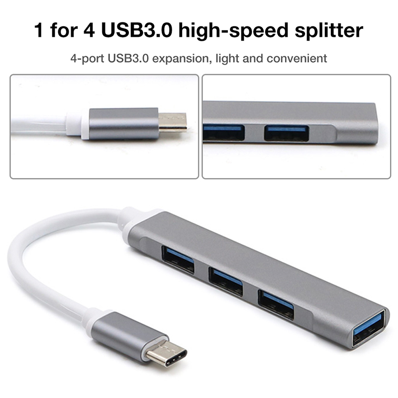 Tipo-c a 4 Puertos USB3.0 Magnesio Magnesium Magnesium Hub OTG Adaptador - Plata