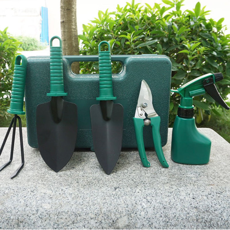 5pcs / Set Herramientas De Jardinería Cizalla / Horquilla / Llana / Pulverizador Jardinero Llevar Caja Herramientas De Mano Kit