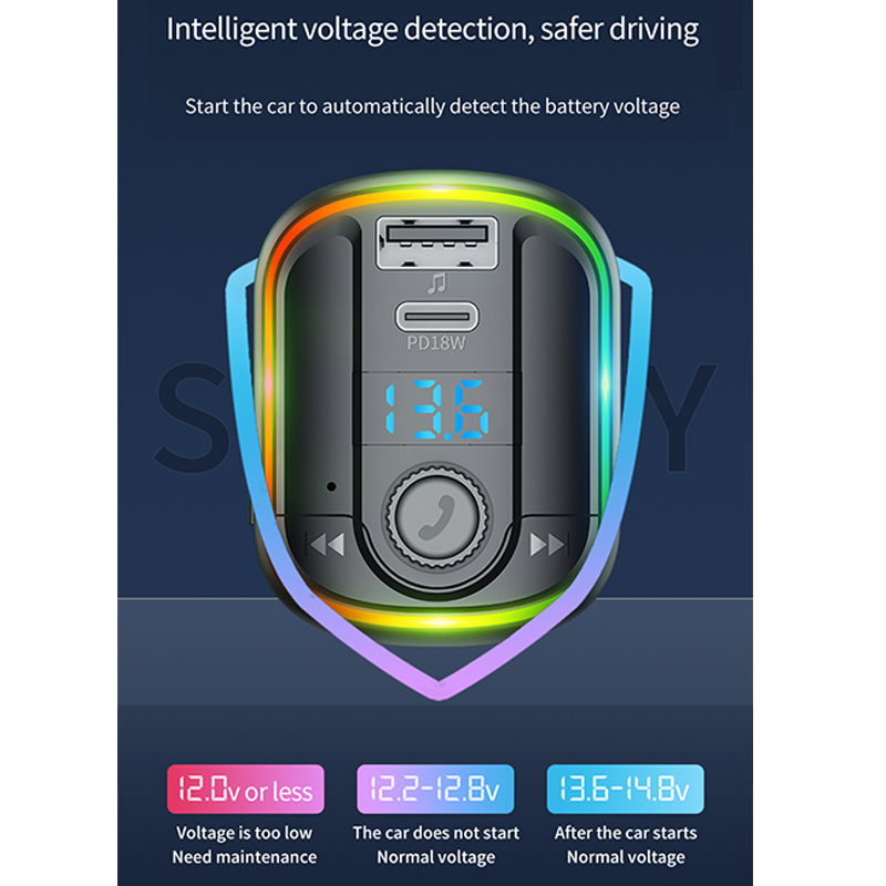 FM Radio Bluetooth 5.0 USB Tipo - C Cargador de Teléfono de Automóvil PD 18W Carga Rápida TF Tar MP3 Reproductor