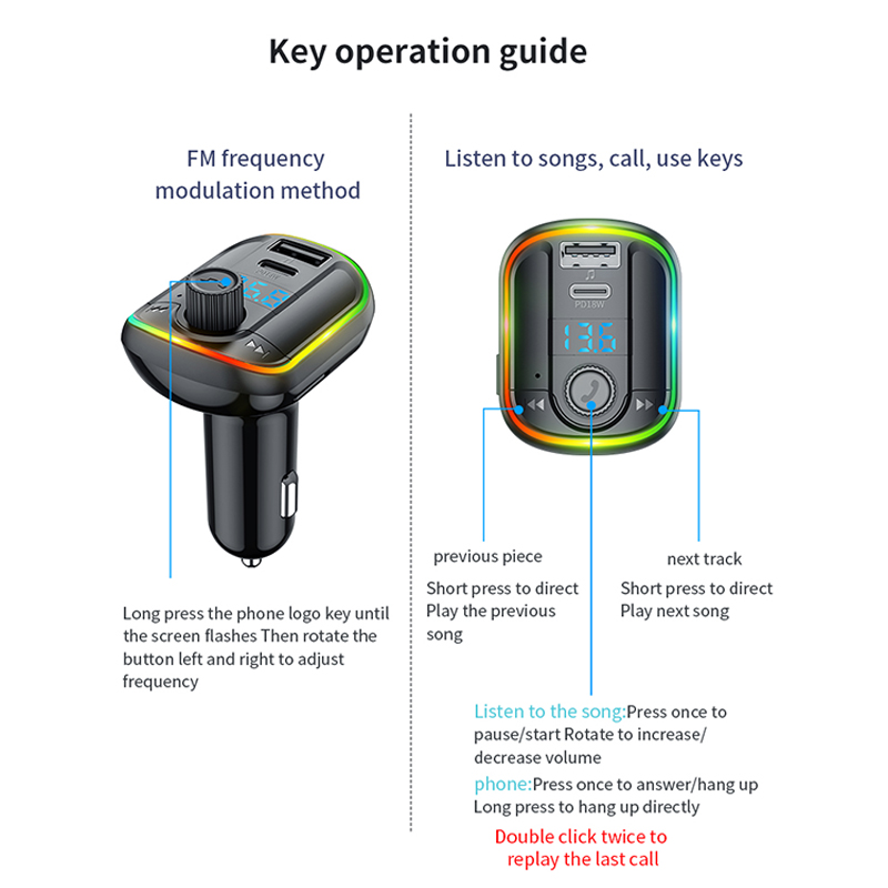 FM Radio Bluetooth 5.0 USB Tipo - C Cargador de Teléfono de Automóvil PD 18W Carga Rápida TF Tar MP3 Reproductor