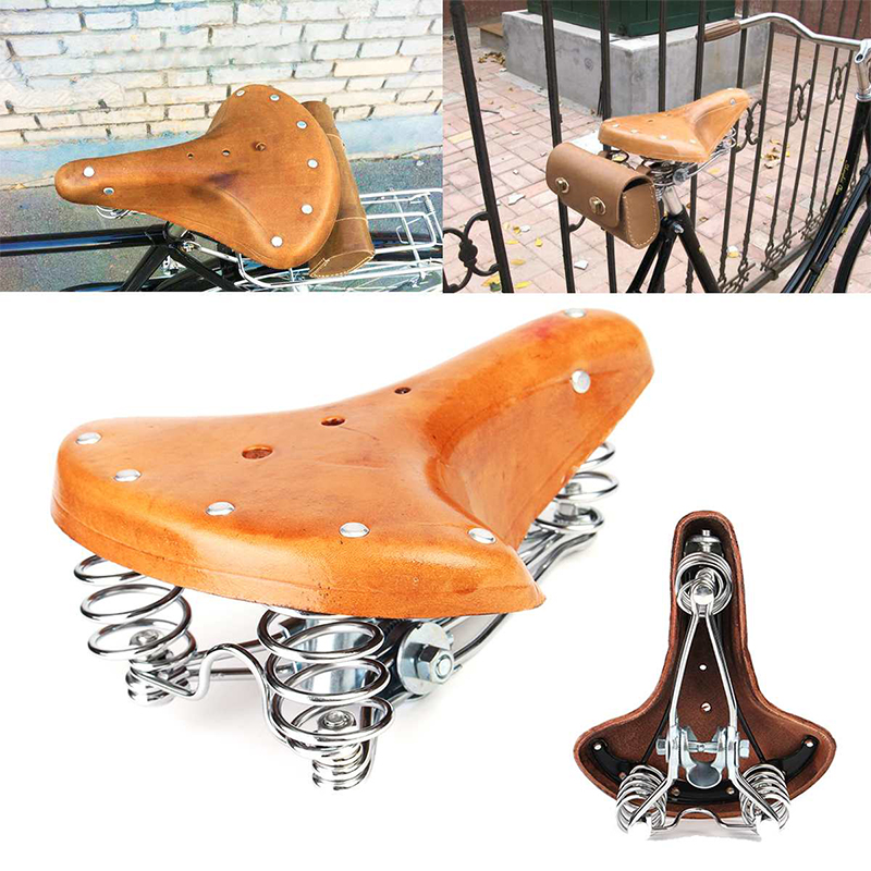 Vintage Genuine Leather Shock-Absorbing Spring Bicycle Seat Tuning Retro Bicycle Saddle - Brown