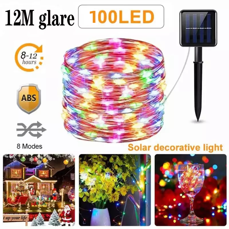 12m Lumière de Cordes Solaires [100 Led, 8 Modèles] Garden Festival Mariage Décor de Fée Lamp-8 Modes 12m 100 - Multicolore LED