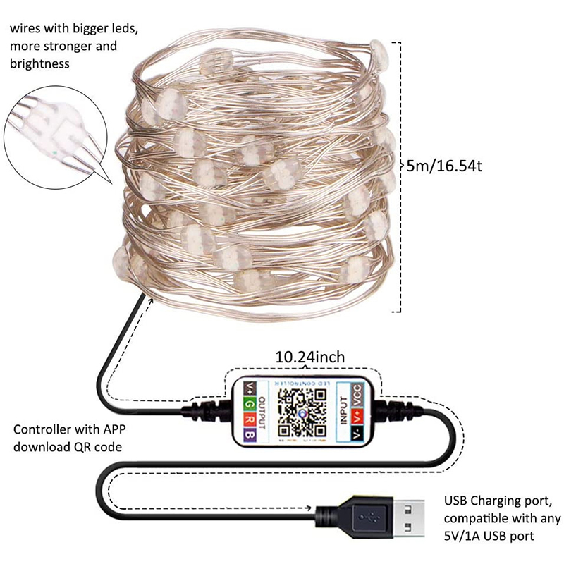 USB Bluetooth App Control RGB Camino LED Light Cobper Wire Cadena Hada Light Decoración Del Hogar - 2 Metros 20 Luces