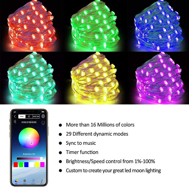 USB Bluetooth App Contrôle Rvb Couleur LED String Light Copper Fair Fairy String Light Home Decor - 2 Mètres 20 Lumières