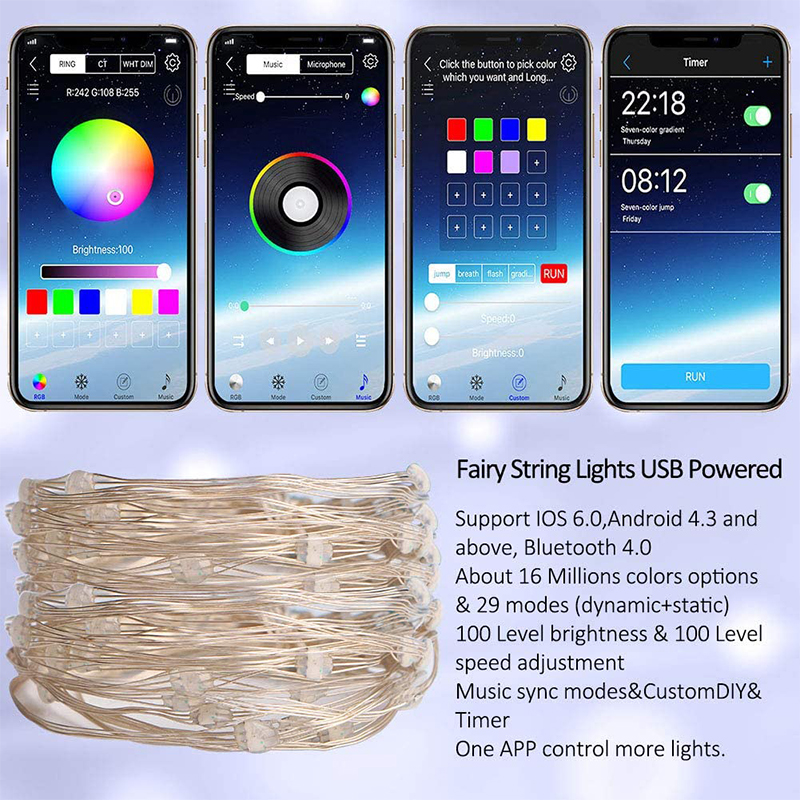 Controle de Aplicativo Bluetooth USB Cor RGB LED String Light Copper Wire Fairy String Light Home Decor - 2 Metros 20 Luzes