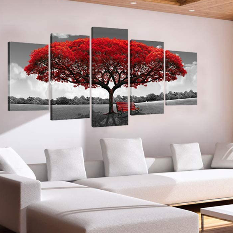 Leinwand Wall Art Red Tree Bild Drucke Auf Leinwand Landschaftsmalerei - 10x15cmx2.; 10x20 cm x2.; 10x25 cm x1.