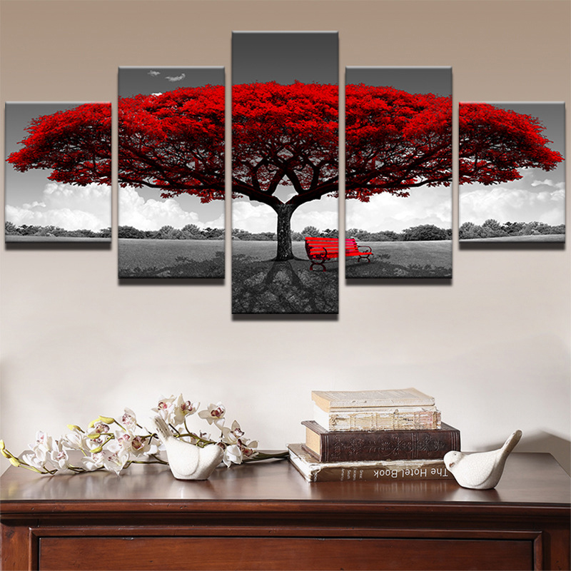 Toile Art Art Art Rouge Arbre Arbre Images Sur Toile Paysage Peinture - 10x15cmx2; 10x20cm x2; 10x25cm x1