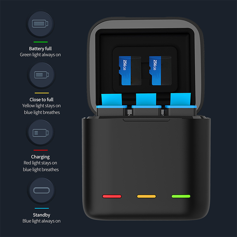 Telesin For GoPro Hero 9 3 Slots Chargeur de Batterie + Type-C Cable Battery Charging Dock Avec Lumière LED