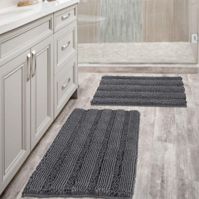 Tapis De Bain Ultra Épaisse Et Doux Bain De Bain De Chenille Tapis De Sol À Rayures Avec Tapis De Porte Antidérapant - Bleu Marine / Taille: 50x81cm