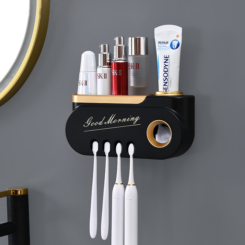 Toothbrush Holder Automatic Toothpaste Dispenser Juicer Makeup Storage Holder - White/Gold