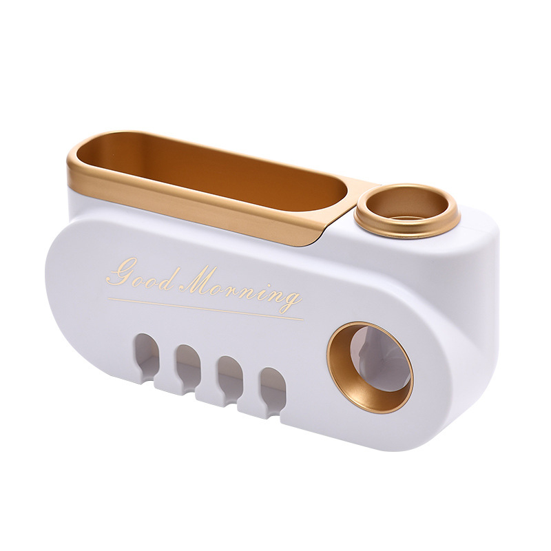 Toothbrush Holder Automatic Toothpaste Dispenser Juicer Makeup Storage Holder - White/Gold