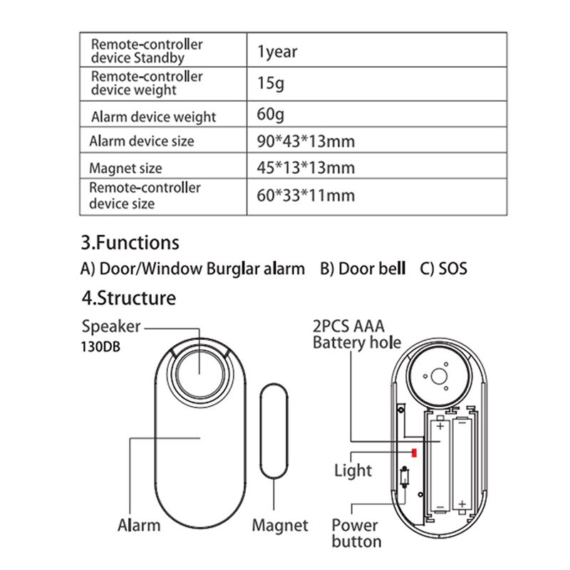 Alarme de Porte de la Fenêtre Télécommandée Sans Fil 130 db Super Loud Alarme de Sécurité Alarme de Sécurité Capteur de Capteur - Ensemble D'alarme de Porte