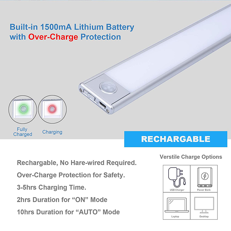 Unter Schrankleuchte 40 cm LED -bewegungssensor Licht Unter Counter Closet Lighting USB Wiederaufladbare Batterie - Gelbes Licht