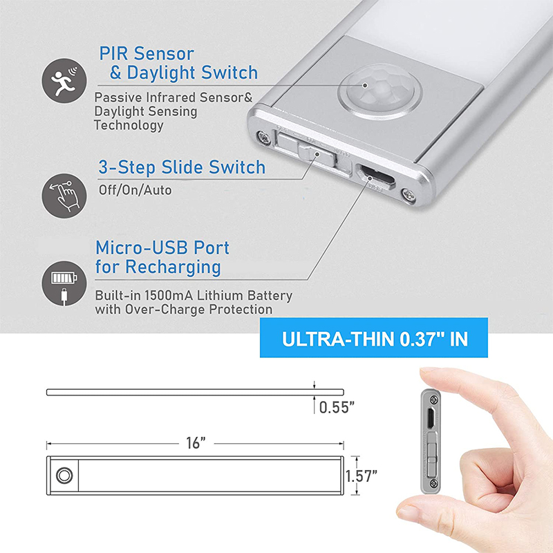 Sotto la Luce Dell'armadio 40 cm Luce Del Sensore di Movimento a LED Sotto L'illuminazione Del Contropiede USB Batteria Ricaricabile - Luce Gialla