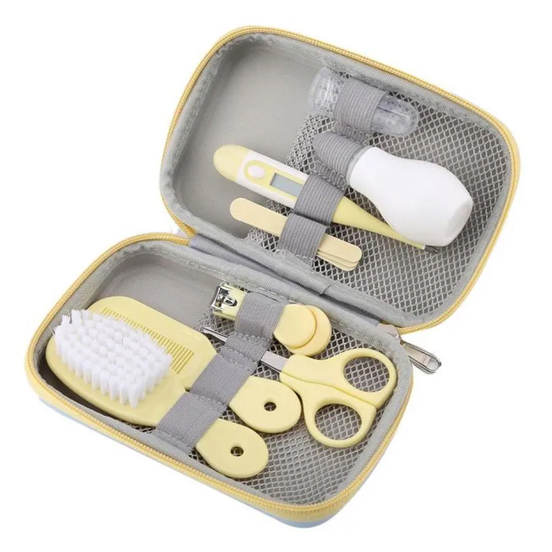 8Pcs Baby Care Kit Nail Clippers Scissors Nose Cleaner Thermometer Comb Grooming Brush Tweezers - Yellow-4