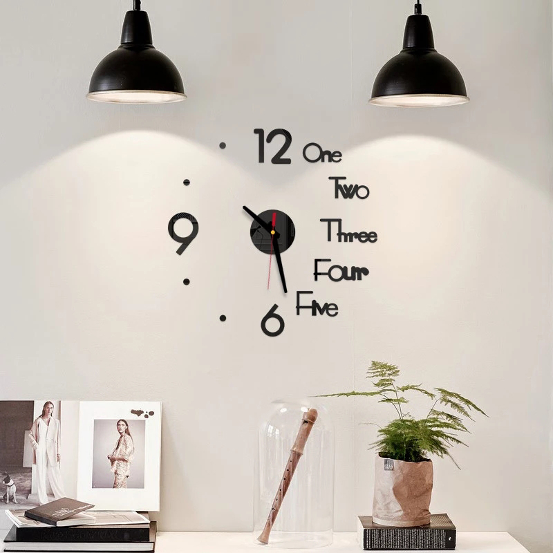 3d Grand Nombre Horloge Murale Miroir Autocollant de Bureau Décor - le Noir