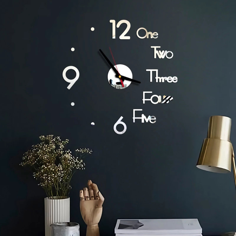 3d Grand Nombre Horloge Murale Miroir Autocollant de Bureau Décor - le Noir