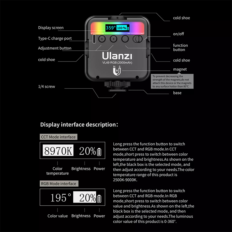 Ulanzi VL49RGB Photographie De Photographie Light 2500K-9000K RGB LED Caméra Vidéo