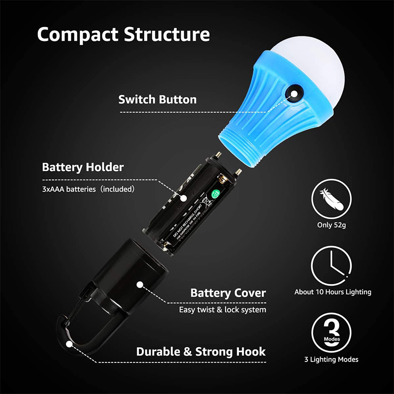 LED Camping Lâmpada Lâmpada Lâmpada Com Clip Hook Portable Lanterna de Emergência Lanterna - Preto